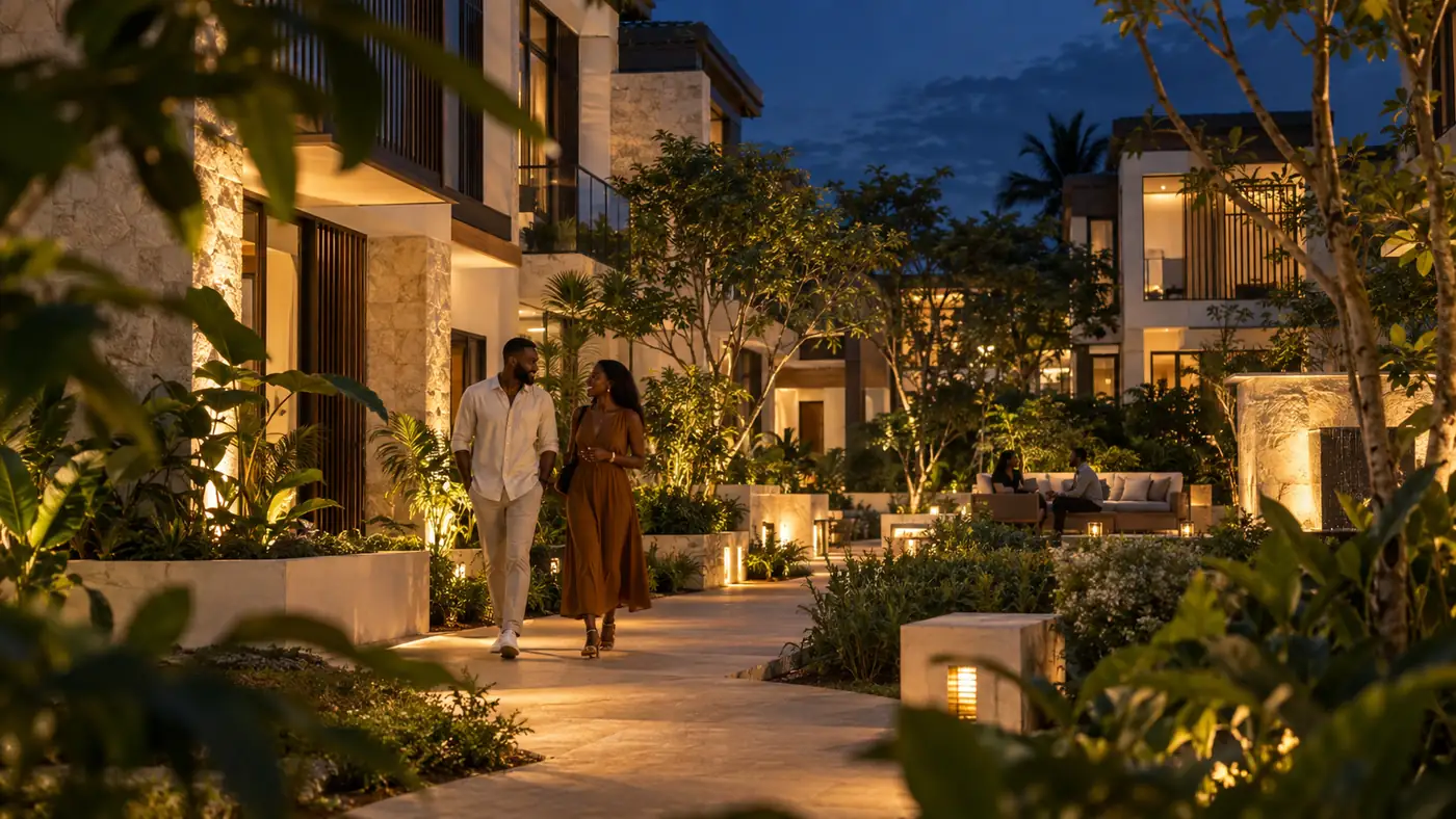 Residents enjoying a landscaped community walkway at dusk