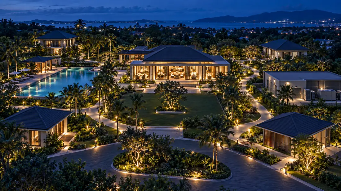 A landscaped estate facility campus illustrating connected spaces and service areas