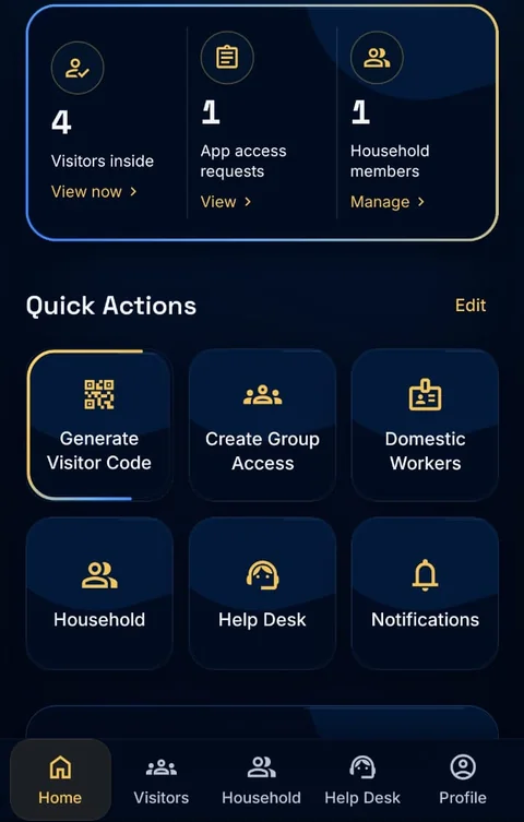 Actual Estalink app: Visitor activity, App Access requests, Household members and quick actions